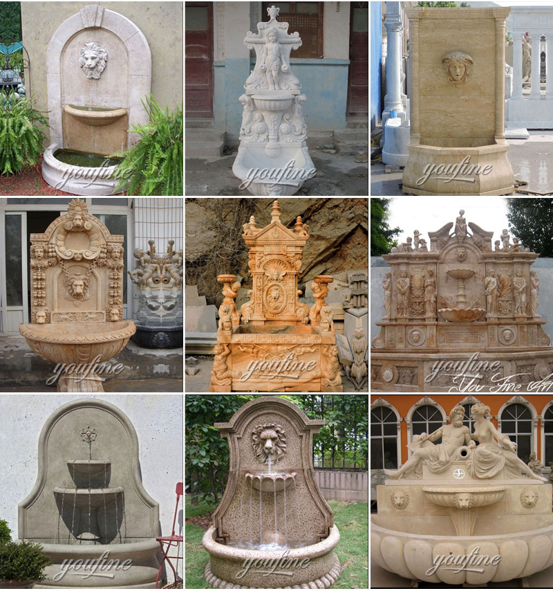 Outdoor tiered antique marble water wall fountain with angel and goat statue for yard