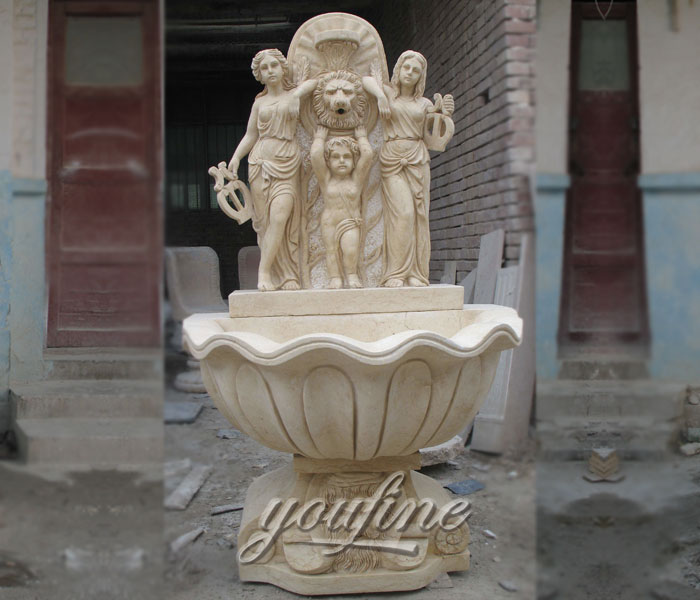 Outdoor small beige marble garden lion head wall fountains with little girl and angel decor for sale