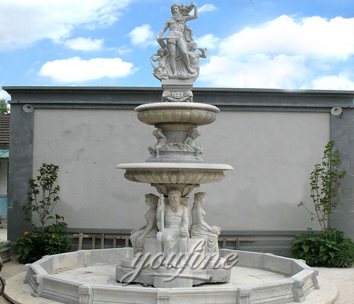 Factory price natural pure white marble statuary tiered water fountains with sitting figures and angles for sale