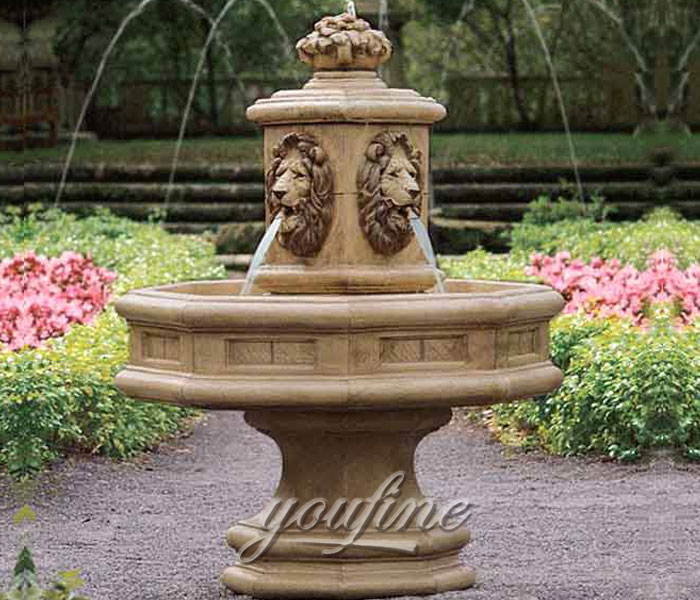Outdoor carved beige marble tiered water lion face fountains for sale