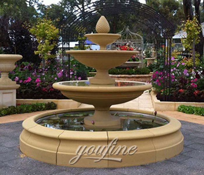 Outdoor carved antique marble three tiers water garden fountains with pool for sale
