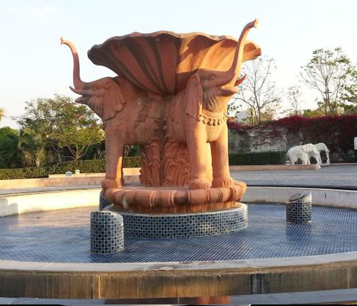 Outdoor special natural sunset marble stone water garden double elephant fountain for sale
