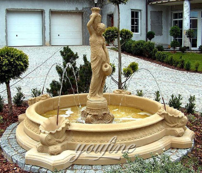 Outdoor beige marble water fountains with woman pouring water for garden