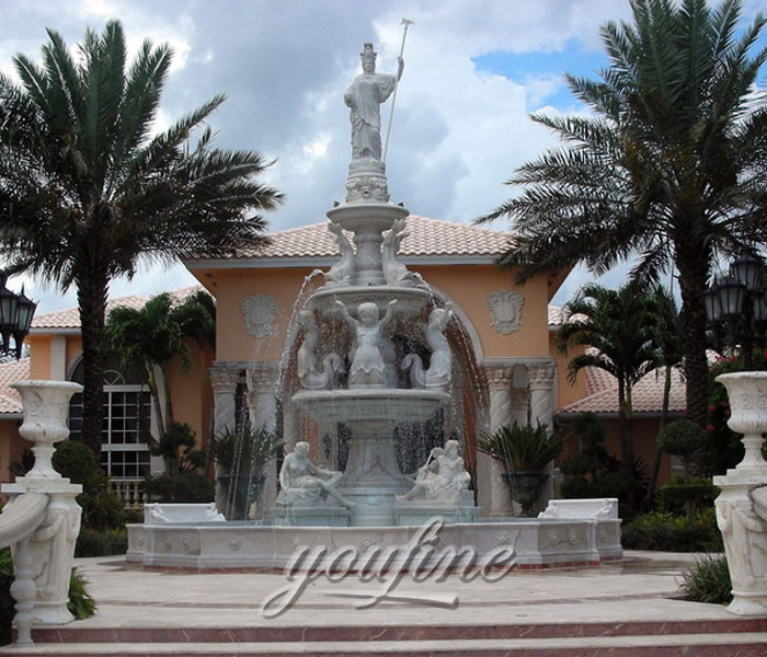 Large outdoor white marble water 3 tier fountain with angel figure statue for sale