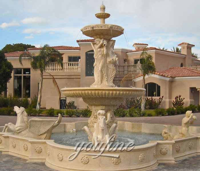 Large outdoor beige marble water stone horse fountain with female statue for sale