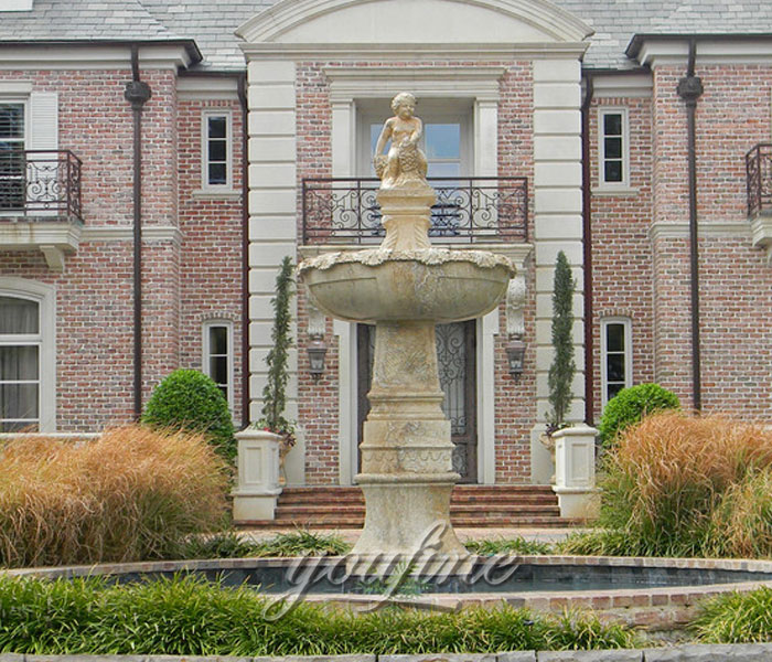 Antique tiered water marble stone fountain with angel statue for sale