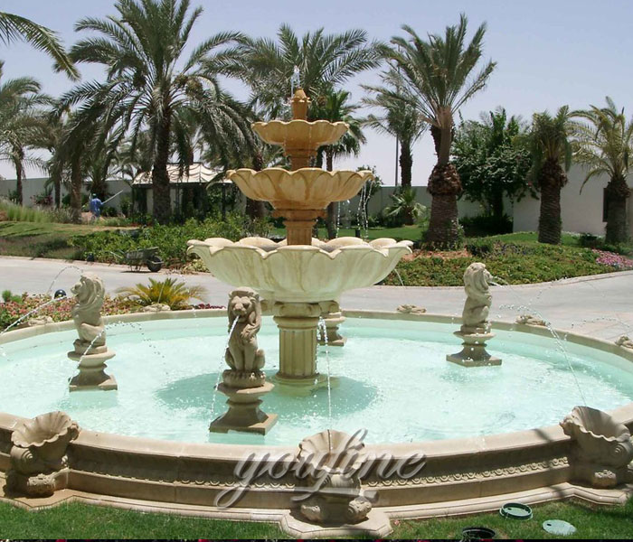 Outdoor three tiers water marble stone fountain with lion statue for sale