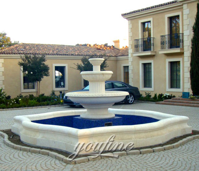 Outdoor three tiers natural beige marble yard fountain for sale