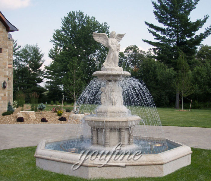 Tiered marble stone water fountain outdoor with woman and angel statue for sale