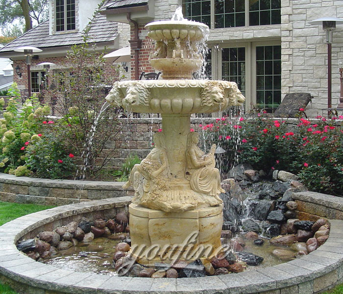 Outdoor antique marble water lion head fountain with pool for park on sale