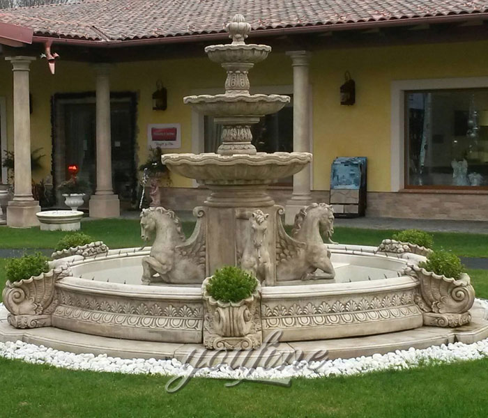 Outdoor grand Tiered antique marble stone water fountain with horse statue for sale