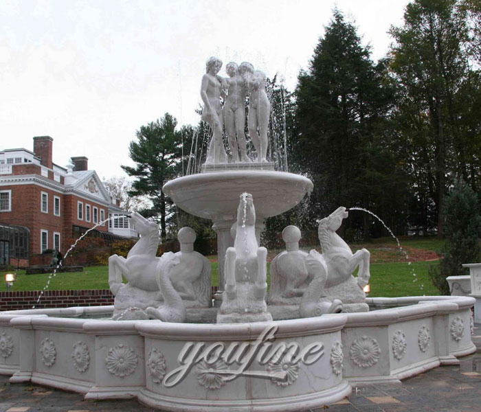 Outdoor grand Tiered luxury marble stone water horse fountain with nude woman statue for sale