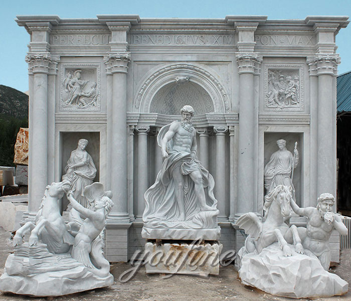 Large outdoor water marble fountain with Neptunian statue