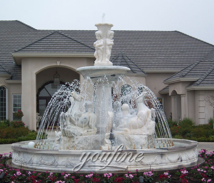 Outdoor grand Tiered marble stone water horse fountain with cherub statue for sale