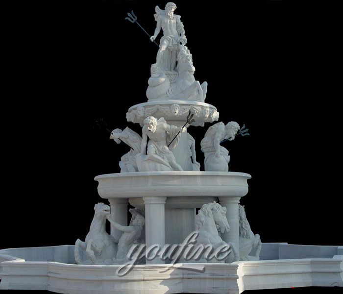 Outdoor pure white tiered water horse fountains with Neptunian statue design on sale