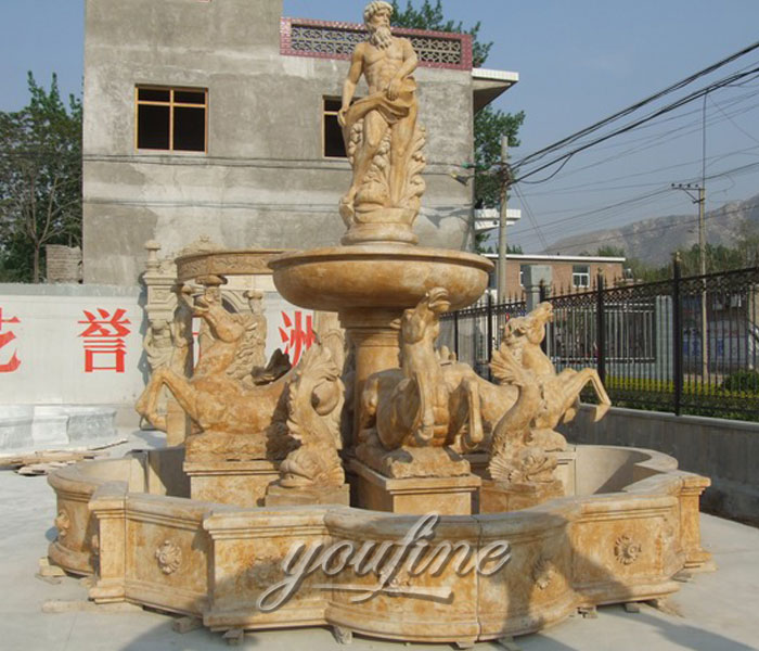Outdoor beige marble tiered waterfall statuary fountains with horse and man statue for sale