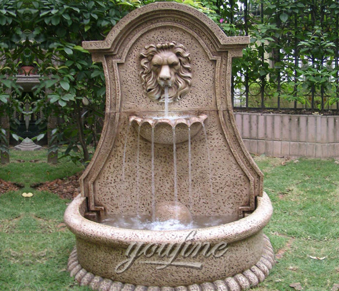 Outdoor stone large wall mounted lion head water fountain for backyard on sale